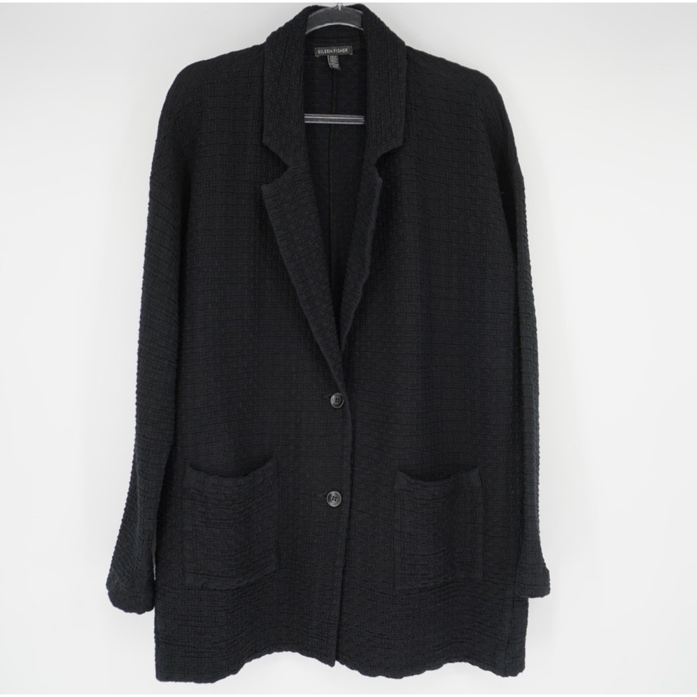 Eileen Fisher Black Textured Tencel Organic Cotton Long Cardigan Blazer Medium